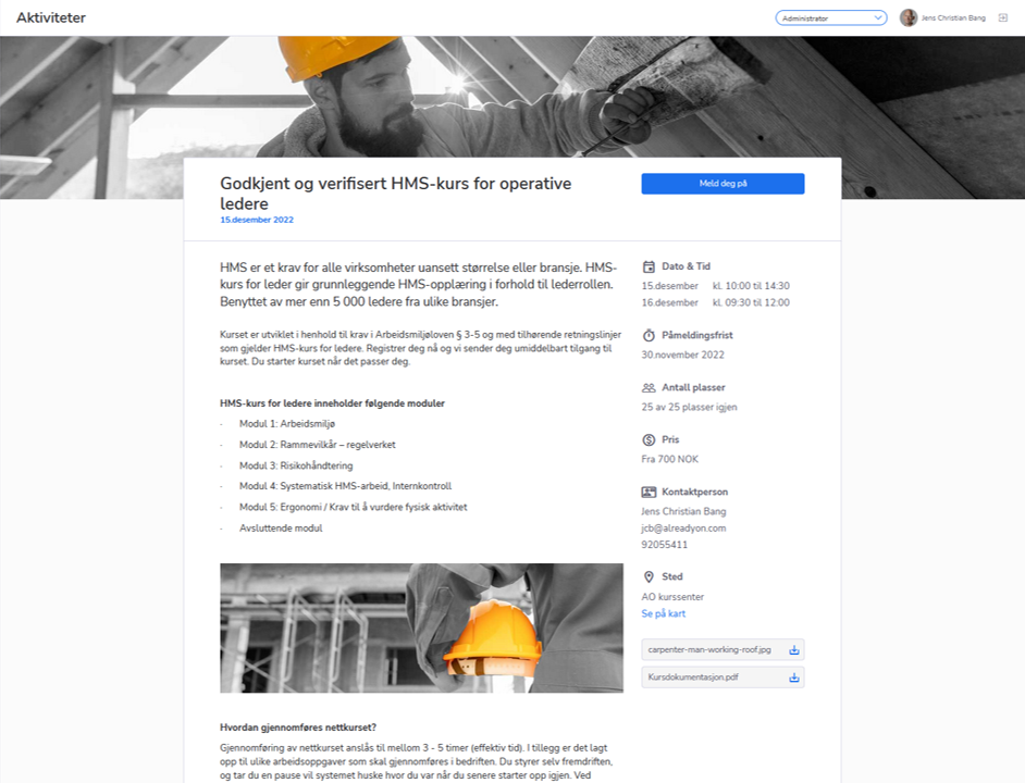 kursside, påmeldingsside, invitasjon for påmelding i LMS og læringsplattform
